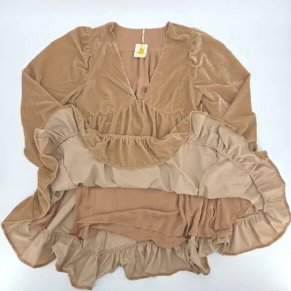 Free People Estella Velvet Babydoll Mini Dress Womens Size Large Tan Brown Boho - Picture 2 of 8